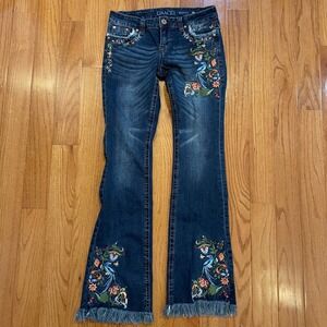 GRACE Boot Cut Jeans Womens Size 28 Embroidered Blue Denim Fringed Hem Y2K style